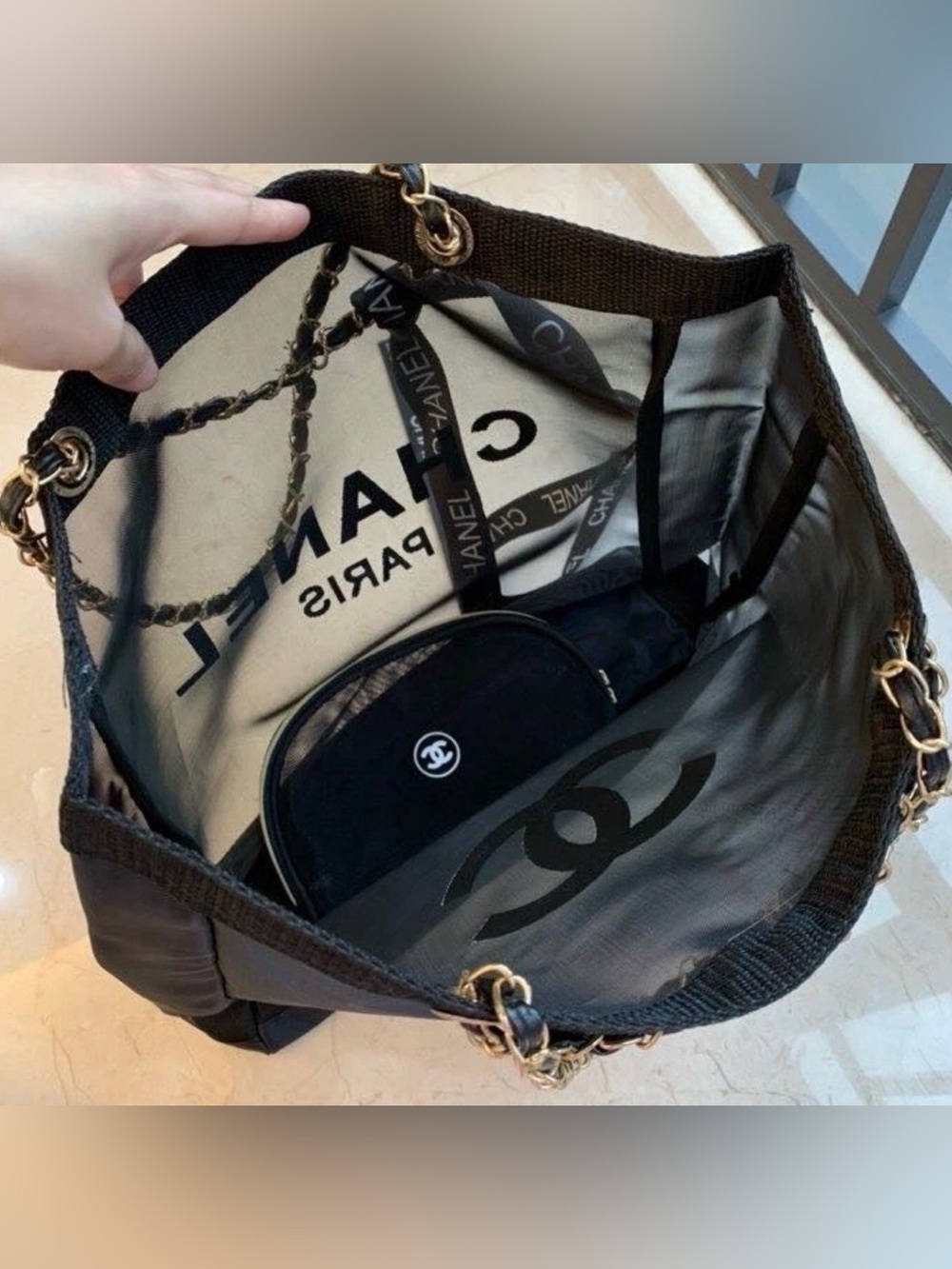 Beauty Black Mesh Tote with Matching Pouch; NWOT - Picture 7 of 9